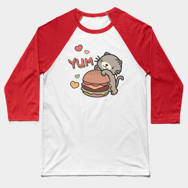 Cute Hungry Cat with Cheeseburger Baseball T-Shirt by MedleyDesigns67